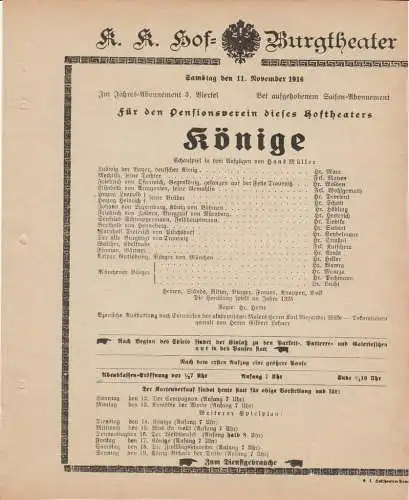 k. k. Hof = Burgtheater Wien: Theaterzettel Hans Müller KÖNIGE 11. November 1916. 
