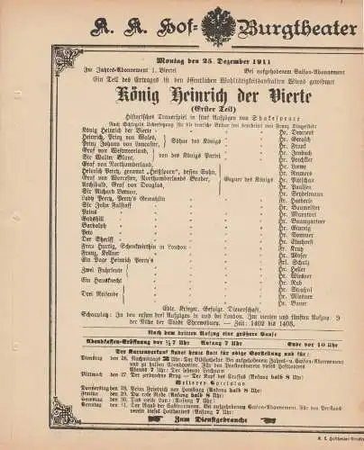 k. k. Hof = Burgtheater Wien: Theaterzettel Shakespeare KÖNIG HEINRICH DER VIERTE 25. Dezember 1911. 