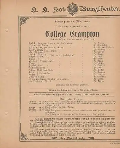 k. k. Hof = Burgtheater Wien: Theaterzettel Gerhart Hauptmann COLLEGE CRAMPTON 22. März 1904. 