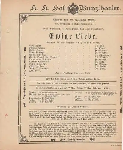 k. k. Hof = Burgtheater Wien: Theaterzettel Hermann Faber EWIGE LIEBE 12. Dezember 1898. 