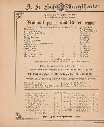 k. k. Hof = Burgtheater Wien: Theaterzettel Alfons Daudet / Adolf Belot FROMONT JUNIOR UND RISLER SENIOR 8. September 1896. 