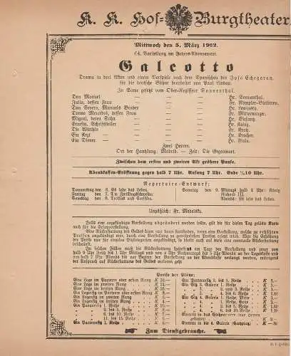 k. k. Hof = Burgtheater Wien: Theaterzettel Jose Echegaray GALEOTTO 5. März 1902. 