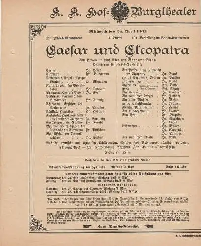 k. k. Hof = Burgtheater Wien: Theaterzettel Bernard Shaw CAESAR UND CLEOPATRA 24. April 1912. 