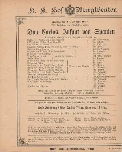 k. k. Hof = Burgtheater Wien: Theaterzettel Schiller DON CARLOS, INFANT VON SPANIEN 11. Oktober 1895. 