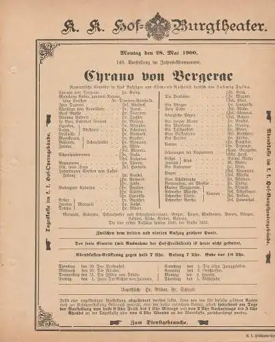 k. k. Hof = Burgtheater Wien: Theaterzettel Edmond Rostand CYRANO VON BERGERAC 28. Mai 1900. 