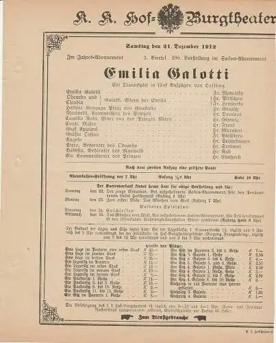 k. k. Hof = Burgtheater Wien: Theaterzettel Lessing EMILIA GALOTTI 21. Dezember 1912. 