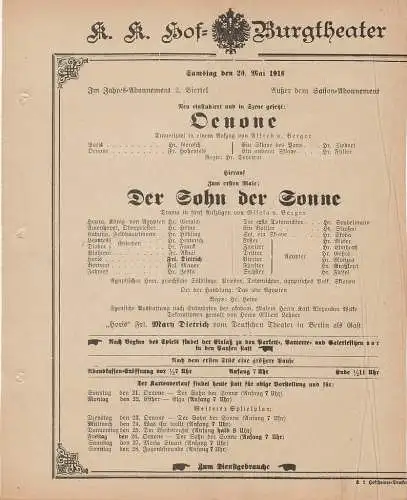 k. k. Hof = Burgtheater Wien: Theaterzettel von Berger OENONE / DER SOHN DER SONNE 20. Mai 1916. 