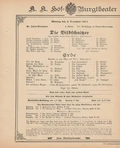 k. k. Hof = Burgtheater Wien: Theaterzettel Karl Schönherr DIE BILDSCHNITZER / ERDE 4. Dezember 1911. 