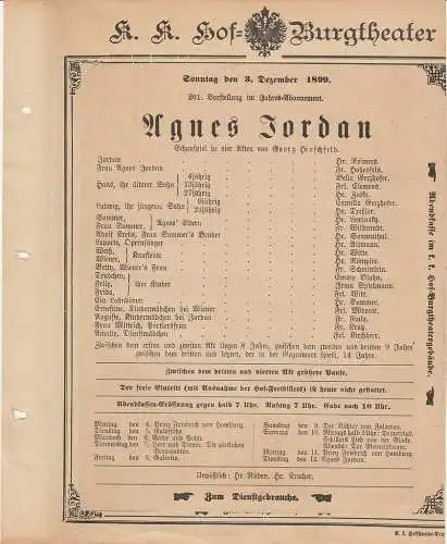 k. k. Hof = Burgtheater Wien: Theaterzettel Georg Hirschfeld AGNES JORDAN 3. Dezember 1899. 