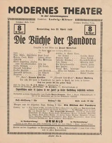 Modernes Theater in der Johannesgasse, Ludwig Körner: Theaterzettel Frank Wedekind DIE BÜCHSE DER PANDORA Modernes Theater Wien 1926. 