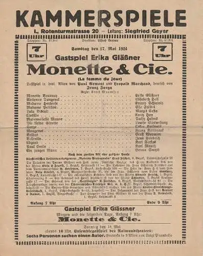 Kammerspiele Rotenturmstrasse, Siegfried Geyer: Theaterzettel Gastspiel Erika Gläßner MONETTE & CIE. Kammerspiele Wien 1924. 