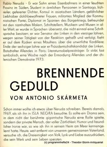bat, Studiotheater des Institutes für Schauspielregie, Hochschule für Schauspielkunst Ernst Busch Berlin, Werner Heinitz, Wolfhard Theile: Programmheft Brennende Geduld von Antonio Skarmeta. DDR-Erstaufführung. 
