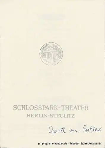 Schlosspark  Theater Berlin-Steglitz, Boleslaw Barlog: Programmheft Impromptu - Der Apollo von Bellac. Zwei Komödien von Jean Giraudoux. Spielzeit 1958 / 59 Heft 72. 