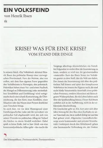 Deutsches Schauspielhaus in Hamburg, Friedrich Schirmer, Michael Propfe, Nora Khuon: Programmheft Henrik Ibsen EIN VOLKSFEIND Deutsches Schauspielhaus 2009. 
