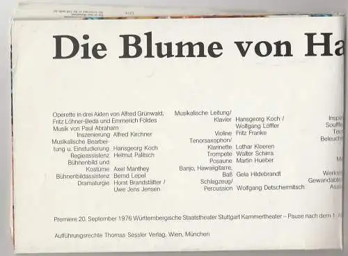 Württembergische Staatstheater Stuttgart: Programmheft Paul Abraham DIE BLUME VON HAWAI Premiere 20. September 1976 Kammertheater. 