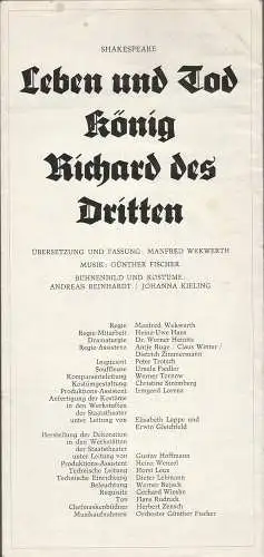 Deutsches Theater Berlin, Hanns Anselm Perten, Werner Heinitz, Heinz Rohloff: Programmheft Shakespeare LEBEN UND TOD KÖNIG RICHARD DES DRITTEN 1972 87. Spielzeit. 