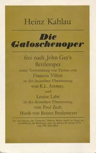 Deutsches Theater Berlin, Gerhard Wolfram, Hans Nadolny, Heinz Rohloff: Programmheft Heinz Kahlau DIE GALOSCHENOPER Deutsches Theater Berlin 1977. 