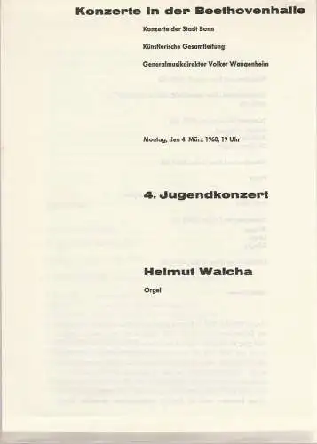 Konzerte der Stadt Bonn: Programmheft KONZERTE IN DER BEETHOVENHALLE  4. JUGENDKONZERT 1968. 
