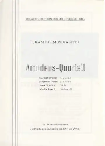 Konzertdirektion Robert Streiber Kiel: Programmheft 1. KAMMERMUSIKABEND 18. September 1963 Reichshallentheater Kiel. 
