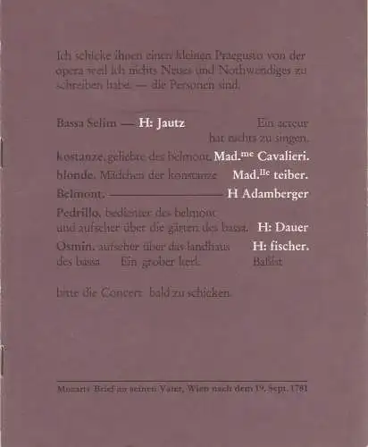Bühnen der Stadt Köln, Michael Hampe, Claus Helmut Drese, Klaus Peter Kehr, Hans Günter Schmitz: Programmheft W. A. Mozart ENTFÜHRUNG AUS DEM SERAIL Bühnen Köln 1982. 