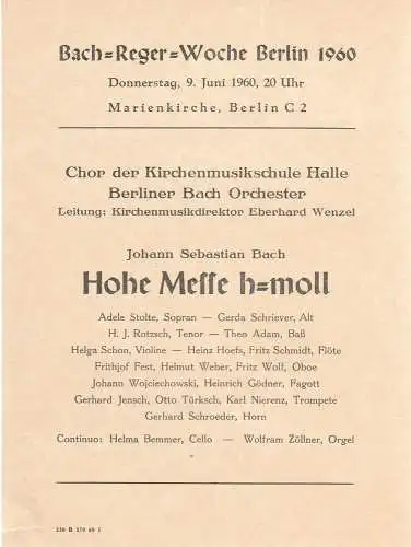 Marienkirche Berlin: Theaterzettel Johann Sebastian Bach HOHE MESSE h-MOLL 9. Juni 1960 Marienkirche Berlin. 