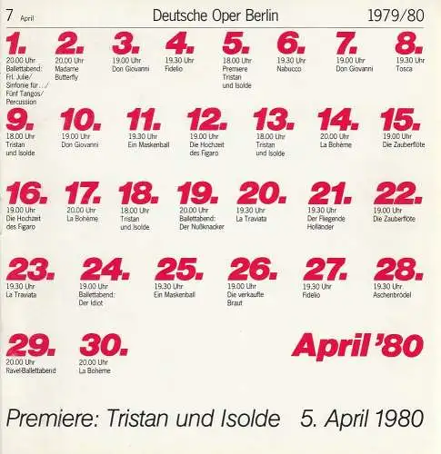 Deutsche Oper Berlin, Siegfried Palm, Karl Dietrich Gräwe: Deutsche Oper Berlin Spielzeit 1979 / 80 Heft 7 April Tristan und Isolde. 