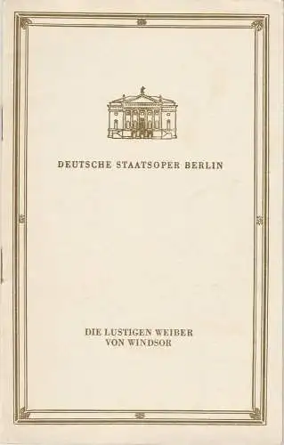 Deutsche Staatsoper, Günter Rimkus, Renate Jessel: Programmheft Otto Nikolai DIE LUSTIGEN WEIBER VON WINDSOR 3. September 1960. 