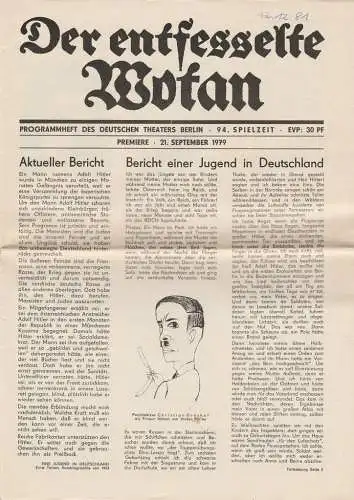 Deutsches Theater Berlin, Staatstheater der DDR, Gerhard Wolfram, Ilse Galfert, Heinz Rohloff: Programmheft Ernst Toller DER ENTFESSELTE WOTAN Deutsches Theater Berlin 1979. 