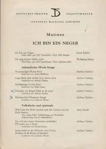 Deutsches Theater Staatstheater, Wolfgang Langhoff: Programmheft MATINEE ICH BIN EIN NEGER 1957. 