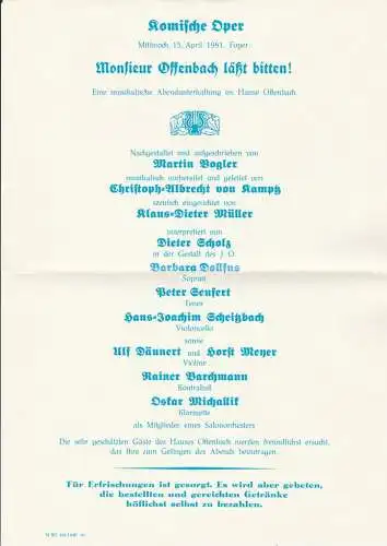 Komische Oper: Programmheft MONSIEUR OFFENBACH LÄßT BITTEN 15. April 1981 Foyer Komische Oper. 