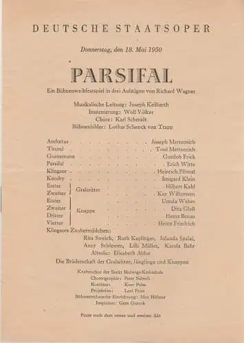 Deutsche Staatsoper: Programmheft Richard Wagner PARSIFAL 18. Mai 1950. 