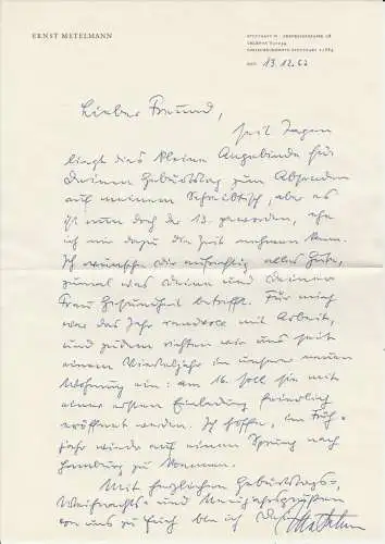 Metelmann Ernst: Handschriftlicher Brief von Ernst Metelmann auf seinem Briefpapier, datiert 13.12.1962. 