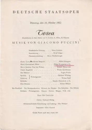 Deutsche Staatsoper: Theaterzettel Giacomo Puccini TOSCA 16. Oktober 1951. 