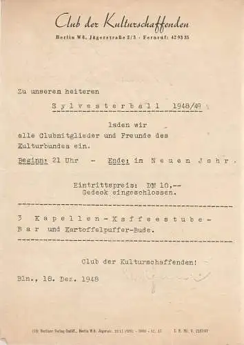 Club der Kulturschaffenden, Berlin: Einladungszettel CLUB DER KULTURSCHAFFENDEN SYLVESTERBALL 1948 / 49. 