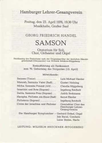 Hamburger Lehrer-Gesangverein: Theaterzettel Georg Friedrich Händel SAMSON 23. April 1976 Musikhalle Großer Saal. 