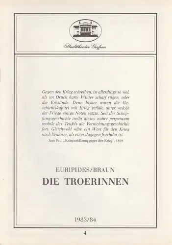 Stadttheater Giessen, Reinald Heissler-Remy,Hartmut Henne: Programmheft Euripedes / Braun DIE TROERINNEN Stadttheater Giessen 1983. 
