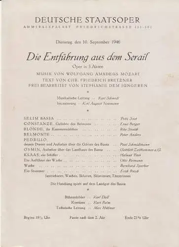 Deutsche Staatsoper: Theaterzettel Wolfgang Amadeus Mozart DIE ENTFÜHRUNG AUS DEM SERAIL 10. September 1946 Admiralspalast. 