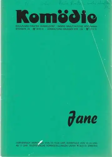 Komödie Boulevard-Theater Düsseldorf, Ingrid Braut, Alfons Höckmann, Horst Heinze: Programmheft S. N. Behrmann JANE Spielzeit 1977 / 78 Heft 1. 