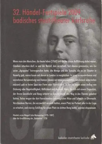 32. Händel-Festspiele 2009 Badisches Staatstheater Karlsruhe, Achim Thorwald, Michael Obermeier, Katrin Lorbeer: Programmheft Georg Friedrich Händel RADAMISTO Premiere 20. Februar 2009 Opernhaus Eröffnung der 32. Händel-Festspiele. 
