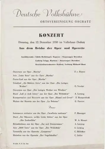 Deutsche Volksbühne, Ortsvereinigung Oschatz: Theaterzettel KONZERT AUS DEM REICHE DER OPER UND OPERETTE 12. Dezember 1950 Volkshaus Oschatz. 