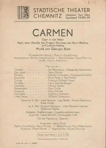 Städtische Theater Chemnitz, Karl Görs: Theaterzettel Georges Bizet CARMEN Spielzeit 1949 / 50. 