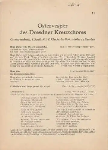 Dresdner Kreuzchor: Programmheft OSTERVESPER DES DRESDNER KREUZCHORES 1. April 1972 Kreuzkirche zu Dresden. 