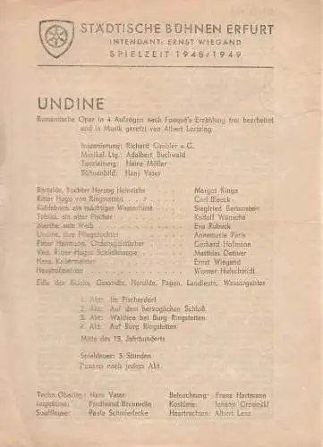 Städtische Bühnen Erfurt, Ernst Wiegand: Theaterzettel Albert Lortzing UNDINE Spielzeit 1948 / 49. 