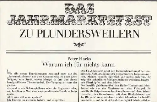 Staatstheater Dresden, Ute Baum, Ekkehard Walter: Programmheft Peter Hacks nach J. W von Goethe DAS JAHRMARKTSFEST ZU PLUNDERSWEILERN Premiere 30. November 1978 Kleines Haus. 