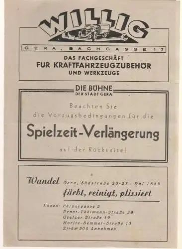 Bühne der Stadt Gera, Walter Brandt: Programmheft Fred Raymond DIE PERLE VON TOKAY ca. 1946. 