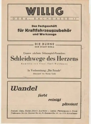 Bühne der Stadt Gera, Walter Brandt: Programmheft William Shakespeare EIN SOMMERNACHTSTRAUM Bühne Gera ca. 1946. 