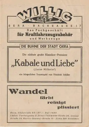 Bühne der Stadt Gera, Walter Brandt: Programmheft Ludwig van Beethoven FIDELIO ca. 1946. 