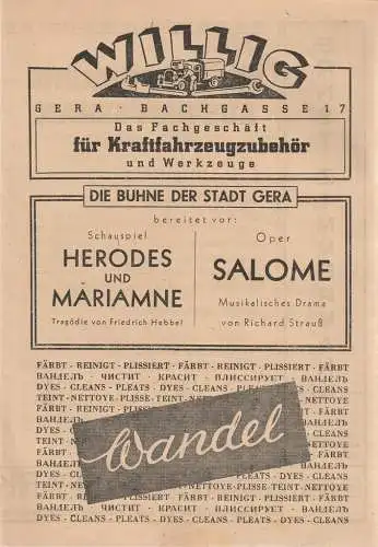 Bühne der Stadt Gera, Walter Brandt: Programmheft Wolfgang Amadeus Mozart DIE ENTFÜHRUNG AUS DEM SERAIL ca. 1946. 