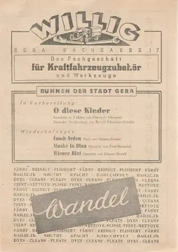 Bühnen der Stadt Gera, Walter Brandt: Programmheft Albert Lortzing ZAR UND ZIMMERMANN Bühnen der Stadt Gera ca. 1946. 