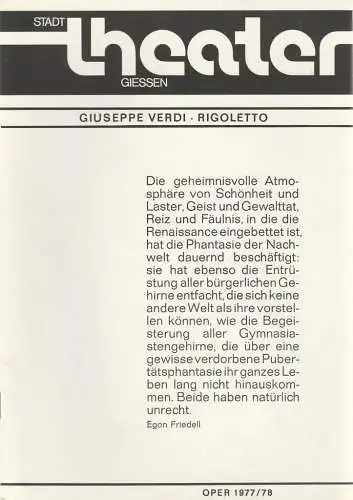 Stadttheater Giessen, Dietrich Taube, Frank-Thomas Mende, Jürgen Aue, Frank-Bernd Gottschalk: Programmheft Giuseppe Verdi RIGOLETTO Premiere 5. Februar 1978 Spielzeit Oper 1977 / 78 Heft 9. 